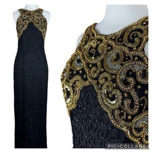 Vintage 80s Laurence Kazar Beaded Cocktail Maxi Dress Size Small Black Silk Glam